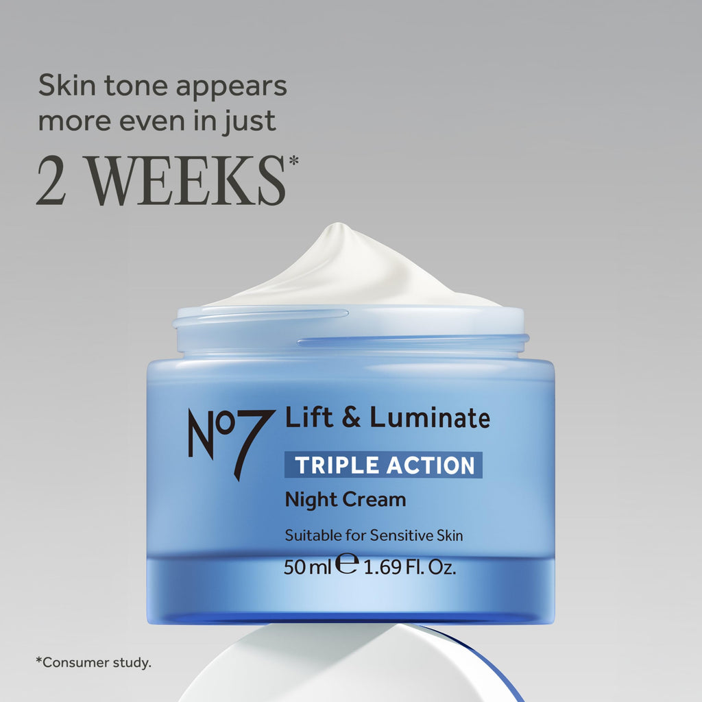 No7 Lift and Luminate Triple Action Fragrance-Free Night Cream – Anti-Wrinkle Collagen Peptide Brightening Moisturizer with Hyaluronic Acid, Hibiscus, and Vitamin C (50ml)
