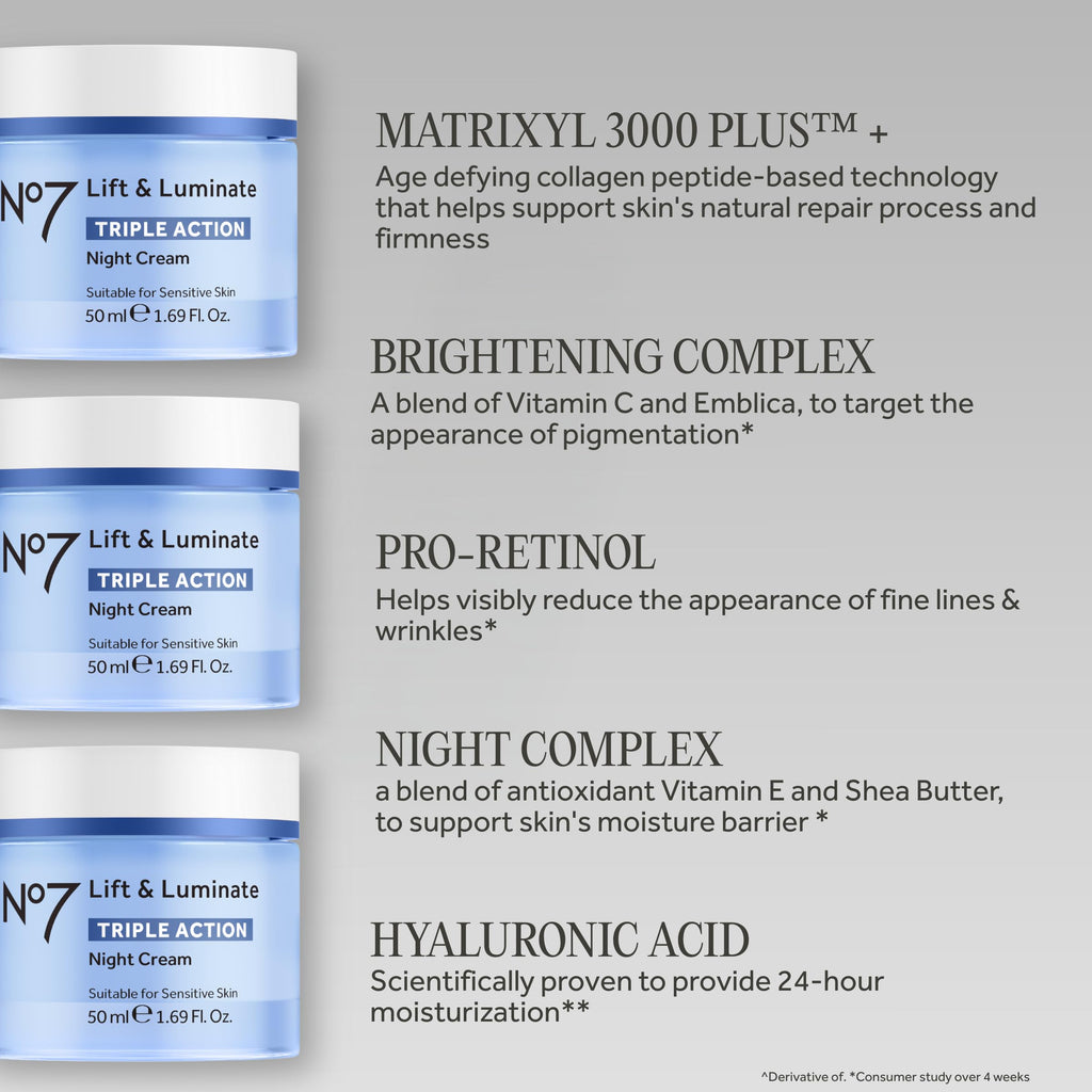 No7 Lift and Luminate Triple Action Fragrance-Free Night Cream – Anti-Wrinkle Collagen Peptide Brightening Moisturizer with Hyaluronic Acid, Hibiscus, and Vitamin C (50ml)